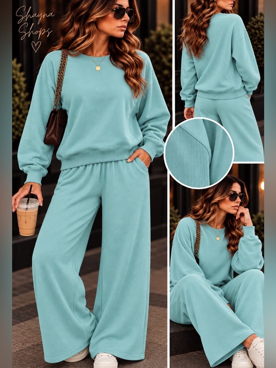 Zenana Outfitters Sweaters - Zenana Dusty Teal Crewneck Pullover Sweater and Wide Leg Pants Set